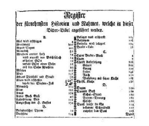 Register der fürnehmsten Historien und Rahmen, welche in dieser Bilder-Bibel angeführt werden