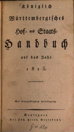 Königlich-Württembergisches Hof- und Staats-Handbuch, 1815