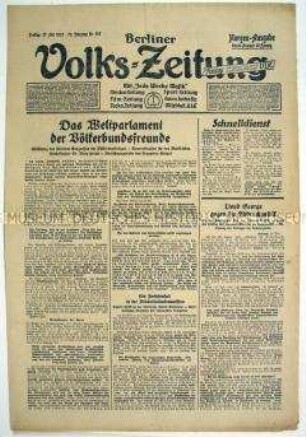 Berliner Volks-Zeitung u.a. zur Eröffnung eines Kongresses des Völkerbundes in Berlin