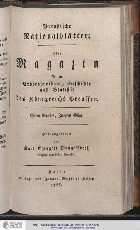 Titelseite des Ersten Bandes, Zweytes Stück