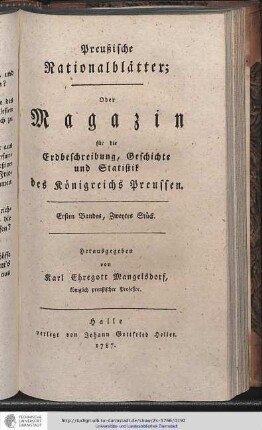 Titelseite des Ersten Bandes, Zweytes Stück