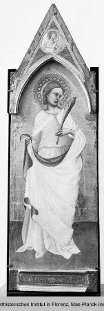 Triptychon mit den Heiligen Laurentius, Ansanus und Margarete : Heiliger Ansanus, darüber Verkündigungsengel