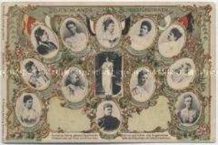 Postkarte mit den Porträts der deutschen Königinnen und Fürstinnen