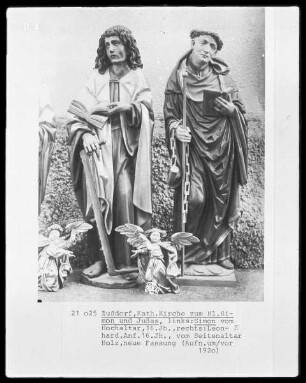 Simon vom Hochaltar, ehem. wohl Johannes Evangelist (links), Leonhard vom Seitenaltar (rechts)