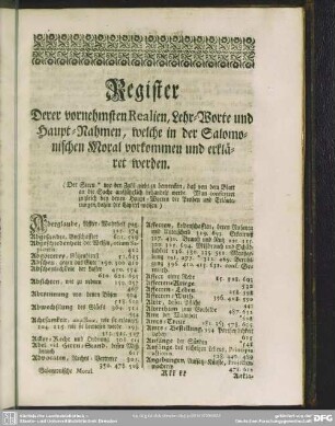 Register Derer vornehmsten Realien, Lehr-Worte und Haupt-Nahmen, welche in der Salomonischen Moral vorkommen und erkläret werden