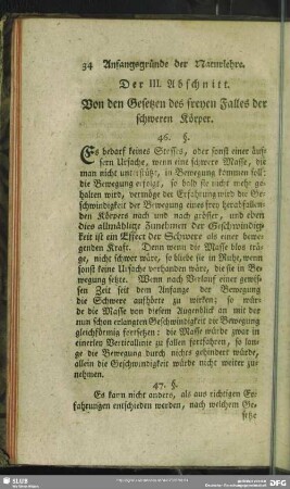 Der III. Abschnitt. Von den Gesetzen des freyen Falles der schweren Körper