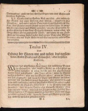 Titulus IV. Von Erbung der Elteren mit und neben des verstorbenen Kinds Bruder und Schwester, oder derselben Kinderen.