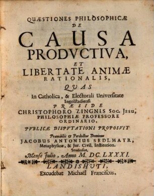 Quaestiones Philosophicae De Causa Prodvctiva, Et Libertate Animae Rationalis