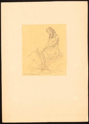 Bemalte Tschuktschen-Frau: Auf einem Stein sitzende junge Frau (Nach- oder Durchzeichnung)