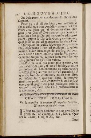 Chapitre Troisieme. De la maniére de nommer & appeller les Dez, & comment on doit jouer