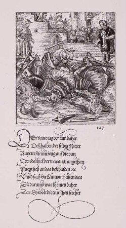 Theuerdank kämpft mit einem Ritter im deutschen Gestech : Maximilian I. (Theuerdank) kämpft mit einem Ritter im deutschen Gestech. Textseite mit koloriertem Holzschnitt aus dem "Theuerdank, 1517