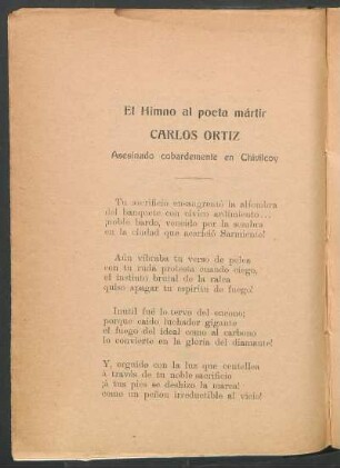 El himno al poeta mártir Carlos Ortiz : Asesinado cobardemente en Chivilcoy