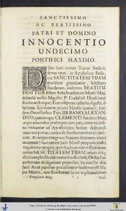 Sanctissimo Ac Beatissimo Patri Et Domino Innocentio Undecimo Pontifici Maximo.