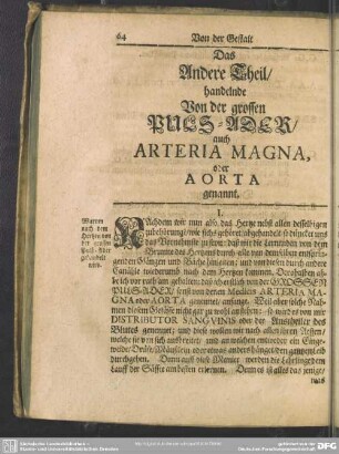 Das Andere Theil, handelnde Von der grossen Puls-Ader, auch Arteria Magna, oder Aorta genannt
