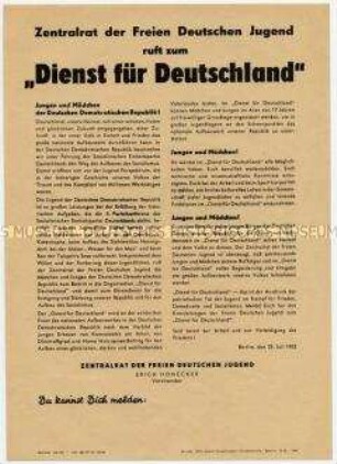 Flugblatt des FDJ-Zentralrats für Meldung zum Arbeitseinsatz im "Dienst für Deutschland" für den Wiederaufbau