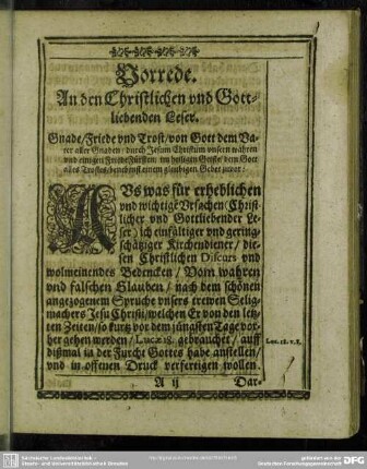 Vorrede. An den Christlichen und Gottliebenden Leser