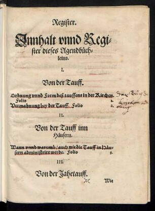 Innhalt unnd Register dieses Agendbüchleins.