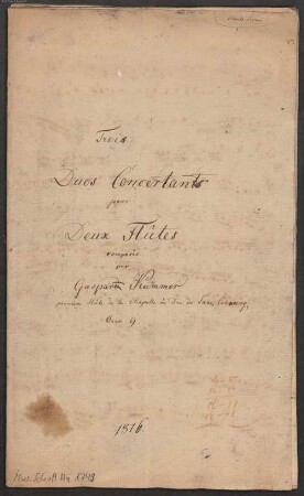 3 Duets, fl (2), op. 9 - BSB Mus.Schott.Ha 1749 : [title page, fl 1:] Trois // Duos Concertants // pour // Deux Flûtes // composés // par // Gaspar[crossed out: d] Kummer // première Flûte de la Chapelle du Duc de Saxe Cobourg // Oeuv. 9.