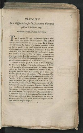 Histoire de la Dissertation sur la Litterature allemande : publiée à Berlin en 1780.
