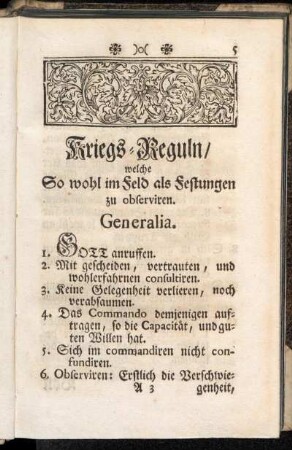 Kriegs-Reguln, welche so wohl im Feld als Festungen zu observiren.