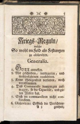 Kriegs-Reguln, welche so wohl im Feld als Festungen zu observiren.