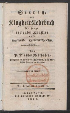 Sitten- und Klugheitslehrbuch für junge reisende Künstler und wandernde Handwerksgesellen