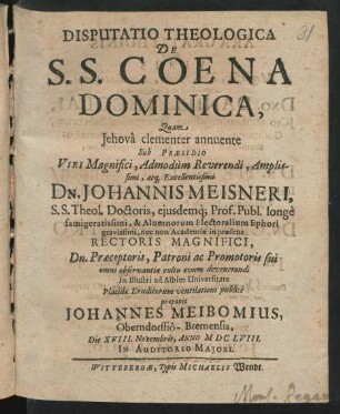 Disputatio Theologica De S.S. Coena Dominica