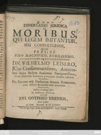 Dissertatio Iuridica De Moribus, Qui Legem Imitantur, Seu Consuetudine