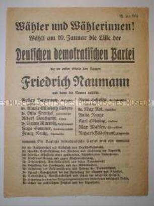 Propagandaflugblatt der DDP für ihren Spitzenkandidaten Friedrich Naumann bei der Wahl zur Nationalversammlung