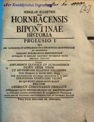 Scholae Illustris Olim Hornbacensis Nunc Bipontinae Historia