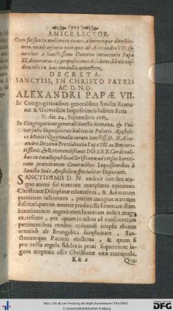 Decreta Sanctiss. In Christo Patris Ac D. N. D. Alexandri Papae VII.