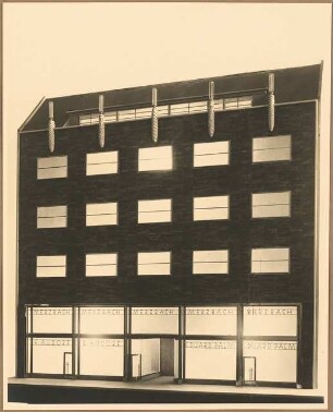 Geschäftshaus: Fassadenmodell Frontalansicht mit beleuchteten Fenstern, Geschäftsräume für: Merzbach, Eduard Palm, E. Audorf