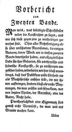 Vorbericht zum Zweyten Bande.