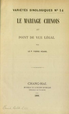 Le mariage chinois au point de vue légal