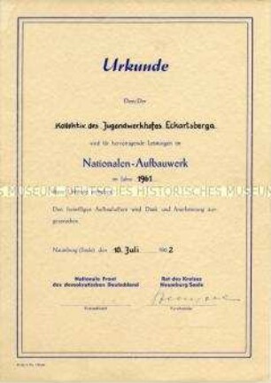 Urkunde für hervorragende Leistungen im Nationalen Aufbauwerk für ein Kollektiv eines Jugendwerkhofes