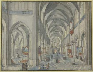 Inneres einer gotischen Kirche mit vielen Figuren
