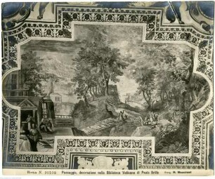 Deckendekoration mit Tugendfiguren, Sibyllen und Landschaften, Landschaften mit Bezügen zur Bibliothek, Landschaft mit Szene der Ausbildung von Kindern