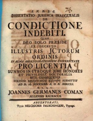 Diss. iur. inaug. de condictione indebiti