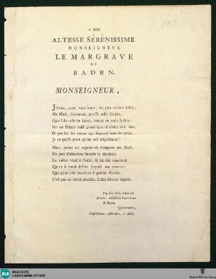 A Son Altesse Serenissime Monseigneur Le Margrave De Baden