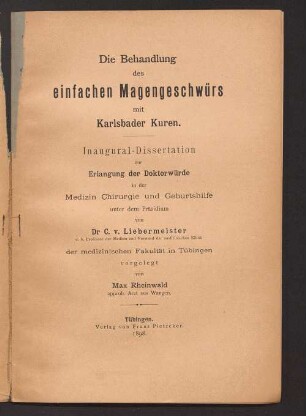 Die Behandlung des einfachen Magengeschwürs mit Karlsbader Kuren