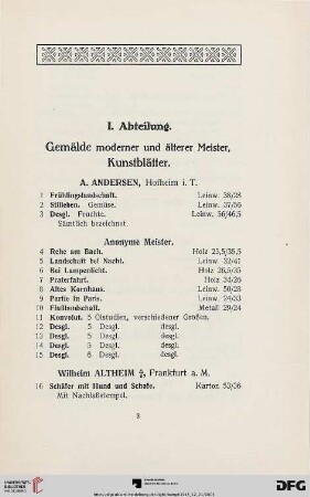 I. Abteilung. Gemälde moderner und älterer Meister, Kunstblätter (Nr. 1-200)