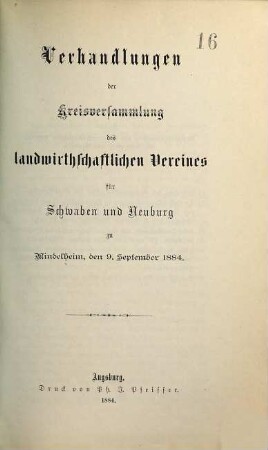 Verhandlungen der Kreisversammlung des Landwirtschaftlichen Vereins für Schwaben und Neuburg. 1884, 9. Sept.