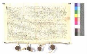 Hans von Bolzhausen und Margarethe, seine Hausfrau, verkaufen ein Haus und Hofrait zu Tauberrettersheim; ausgestellt o.O., 1377 (Sonntag nach St. Martin); Siegel: Hans von Bolzhausen, Margarethe, seine Hausfrau, Appel von Walmersbach (=Wallmersbach bei Uffenheim).