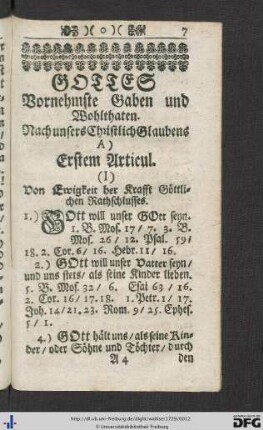 Gottes vornehmste Gaben und Wolthaten. Nach unsers Christlich Glaubens A.) Erstem Articul.