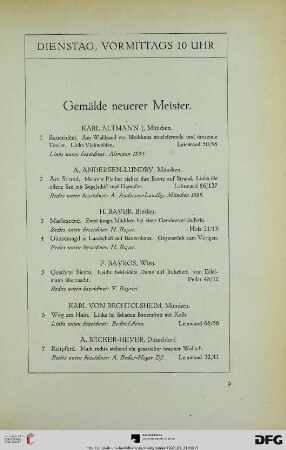 Dienstag, vormittags 10 Uhr. Gemälde neuerer Meister (Nr. 1-207)