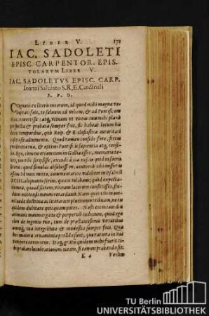 Iac. Sadoleti Episc. Carpentor. Epistolarum Liber V. Iac. Sadoletus Episc. Carp. Ioanni Saluiato S.R.E. Cardinali S.P.D.