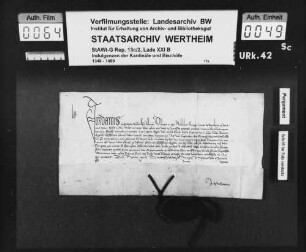 Jordan Bischof von Albanien erteilt dem Grafen Georg von Wertheim und seiner Gemahlin Anna von Oettingen die Indulgenz, sich einen passenden Beichtvater auszuwählen, welcher Vergehen, deren Absolution nicht dem päpstlichen Stuhl vorbehalten ist, absolvieren dürfe.