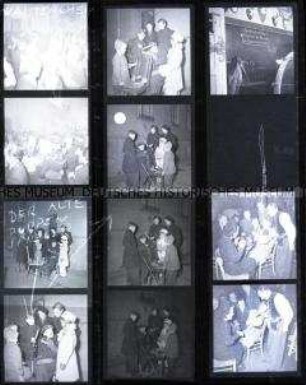 Schwarz-Weiß-Negative mit Aufnahmen von "Walterchens Ballhaus", einem Puppenspieler und der Kneipe "Grober Gottlieb" in Berlin