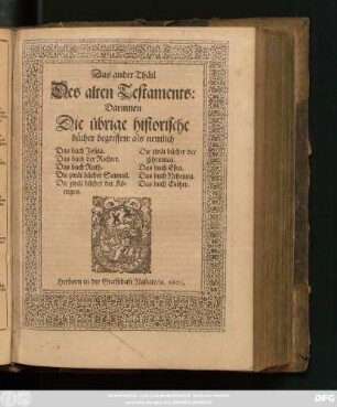 1,2: Darinnen Die übrige historische bücher begriffen: als nemlich Das buch Josua. Das buch der Richter. Das buch Ruth. Die zwäi bücher Samuel. Die zwäi bücher der Königen. Die zwäi bücher der Chronica. Das buch Esra. Das buch Nehemia. Das buch Esther