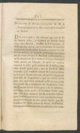 Plainte & Réquisitoire de M. le Procureur général du Roi, contre M. le Cardinal de Rohan